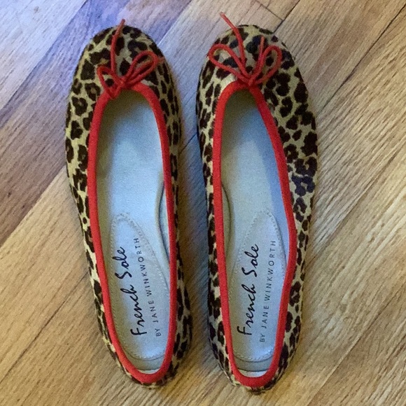 French Sole Jane Winkworth India Leopard Hair Red Trim Leather Ballet Flats 35 - Picture 2 of 9